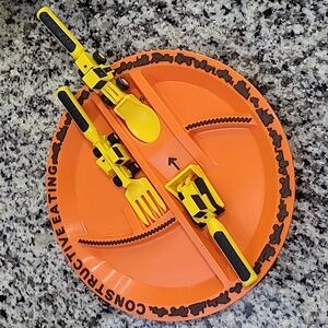 Constructive Eating Orange Construction Trucks Themed Plate with Utensils
